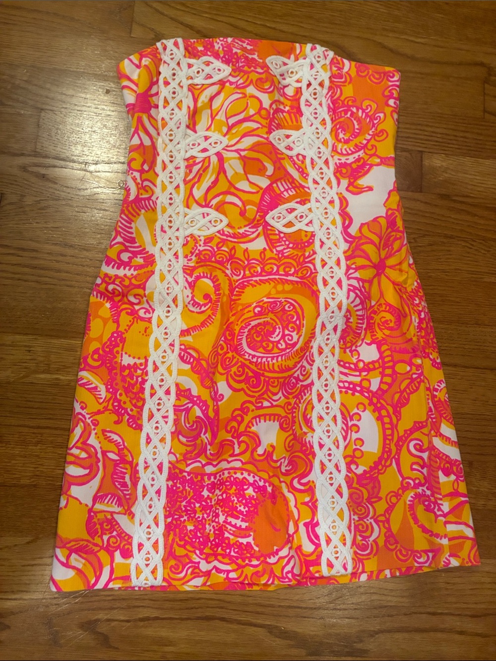 Lilly Pulitzer Strapless Paisley Print Mini Dress in Hot Pink, Orange & White